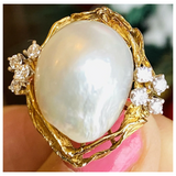 Vintage Estate Large 14k Gold Baroque Pearl G VS Diamond Cocktail Ring