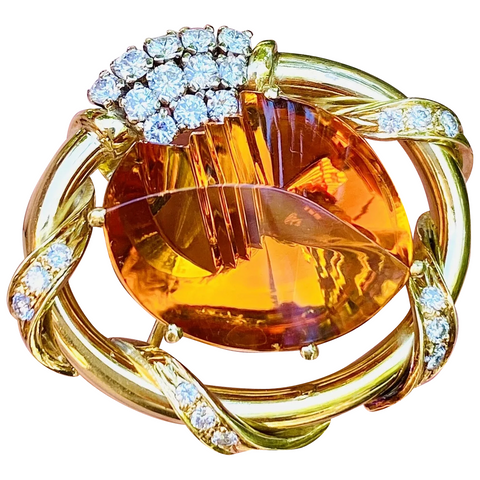 Vintage HAMMERMAN 18k Gold 20ct Diamond Amber Citrine Brooch Pin Pendant