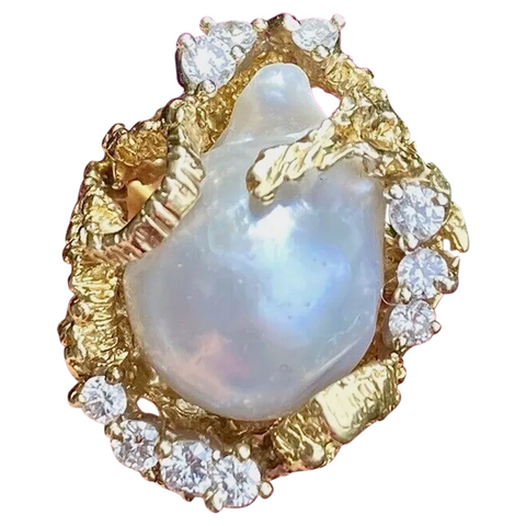 Vintage Heavy 1960s Retro 18k Gold Freeform Turquiose Pearl Diamond Ring