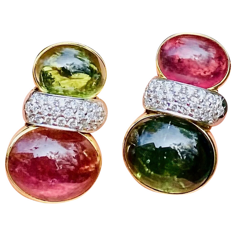 Vintage Estate Mazza 14k Gold Pink Green Tourmaline Diamond Earrings