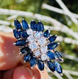 Vintage Estate 14k White Gold 2.5ct Blue Sapphire Diamond Cluster Cocktail Ring