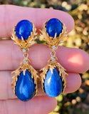 Vintage Estate 14k Gold Freeform Organic Lapis Diamond Dangle Pendant Earrings