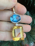 Large Vintage 14k Gold Diamond Citrine Blue Topaz Gemstone Necklace Pendant