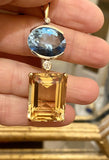Large Vintage 14k Gold Diamond Citrine Blue Topaz Gemstone Necklace Pendant