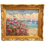 KADLIC Pink Poppies Poppy Seascape Original Oil Painting 20x24" Gold Gilt Frame